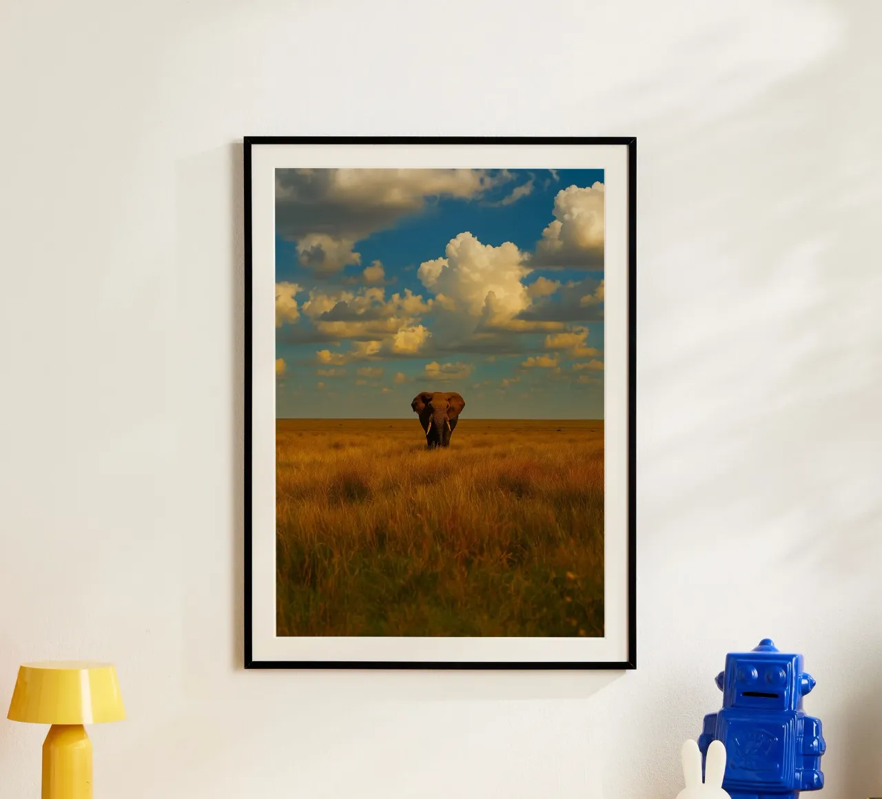 elefante nella prateria panorama naturale poster con telaio in alluminio da chinerei