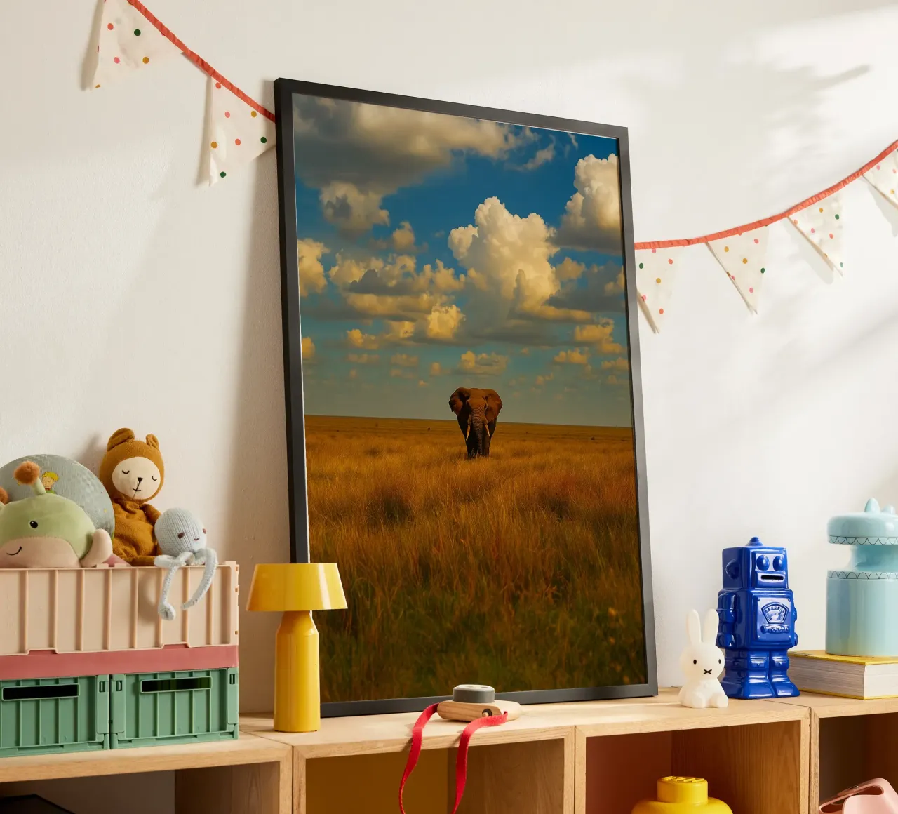 elefante nella prateria panorama naturale poster con telaio in alluminio da chinerei