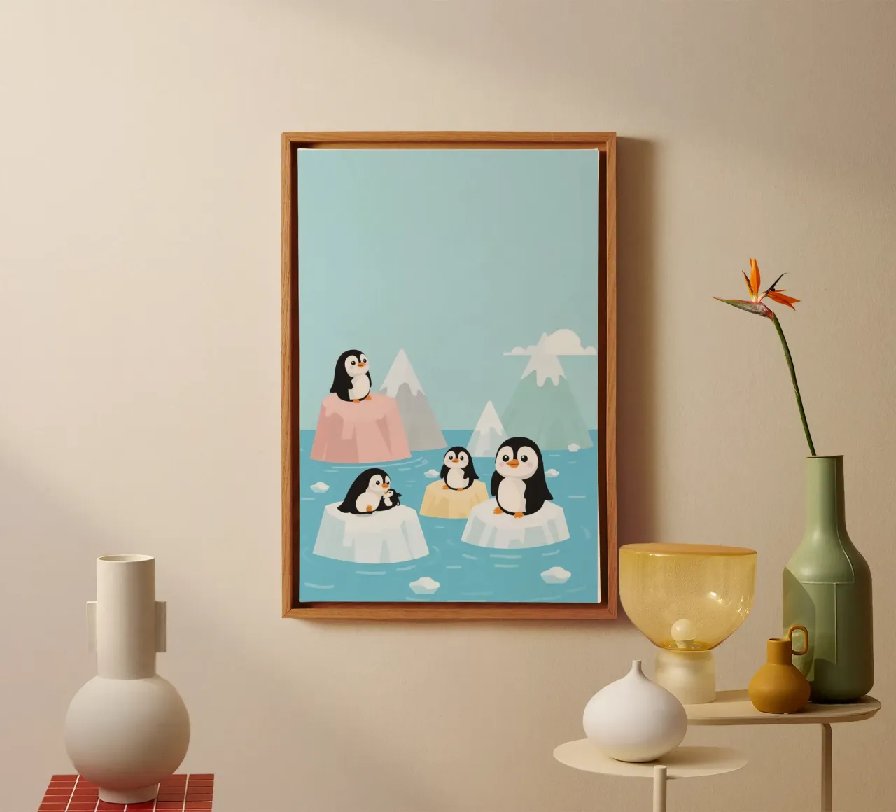 Carini i pinguini dei cartoni animati sui ghiacci nell'oceano tela con Cornice a cassetta da DesignDoodle