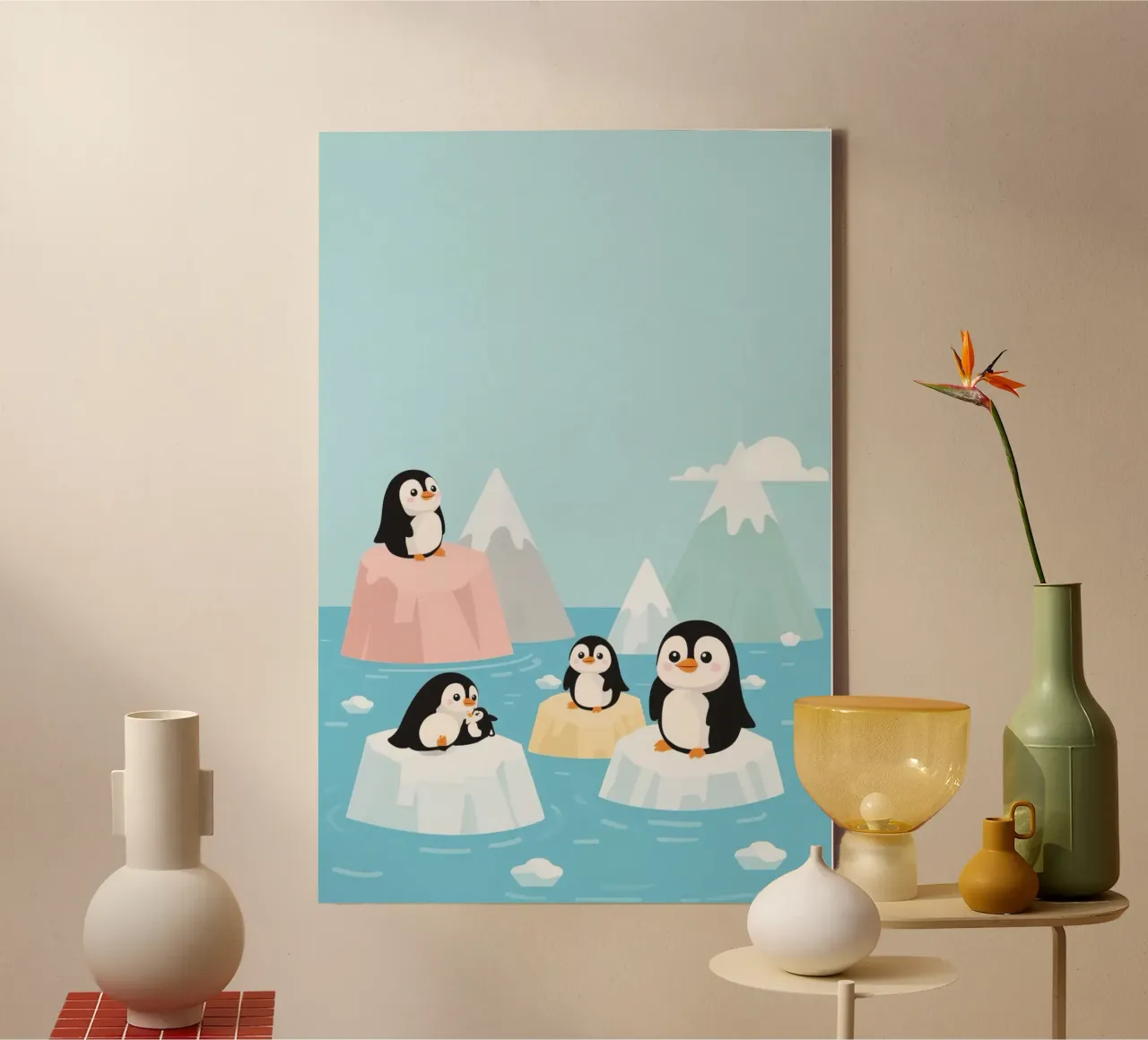 Carini i pinguini dei cartoni animati sui ghiacci nell'oceano tela con Cornice a cassetta da DesignDoodle