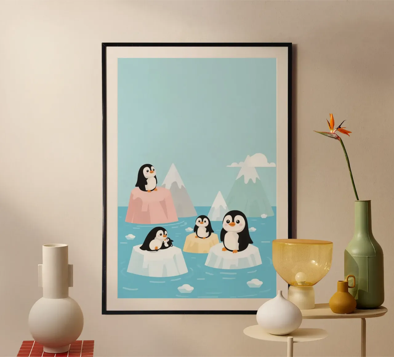 Niedliche Cartoon-Pinguine auf Eisschollen im Ozean Poster von DesignDoodle
