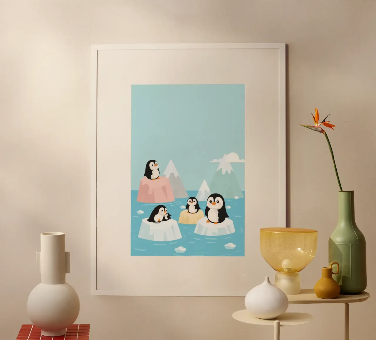 Niedliche Cartoon-Pinguine auf Eisschollen im Ozean Poster von DesignDoodle