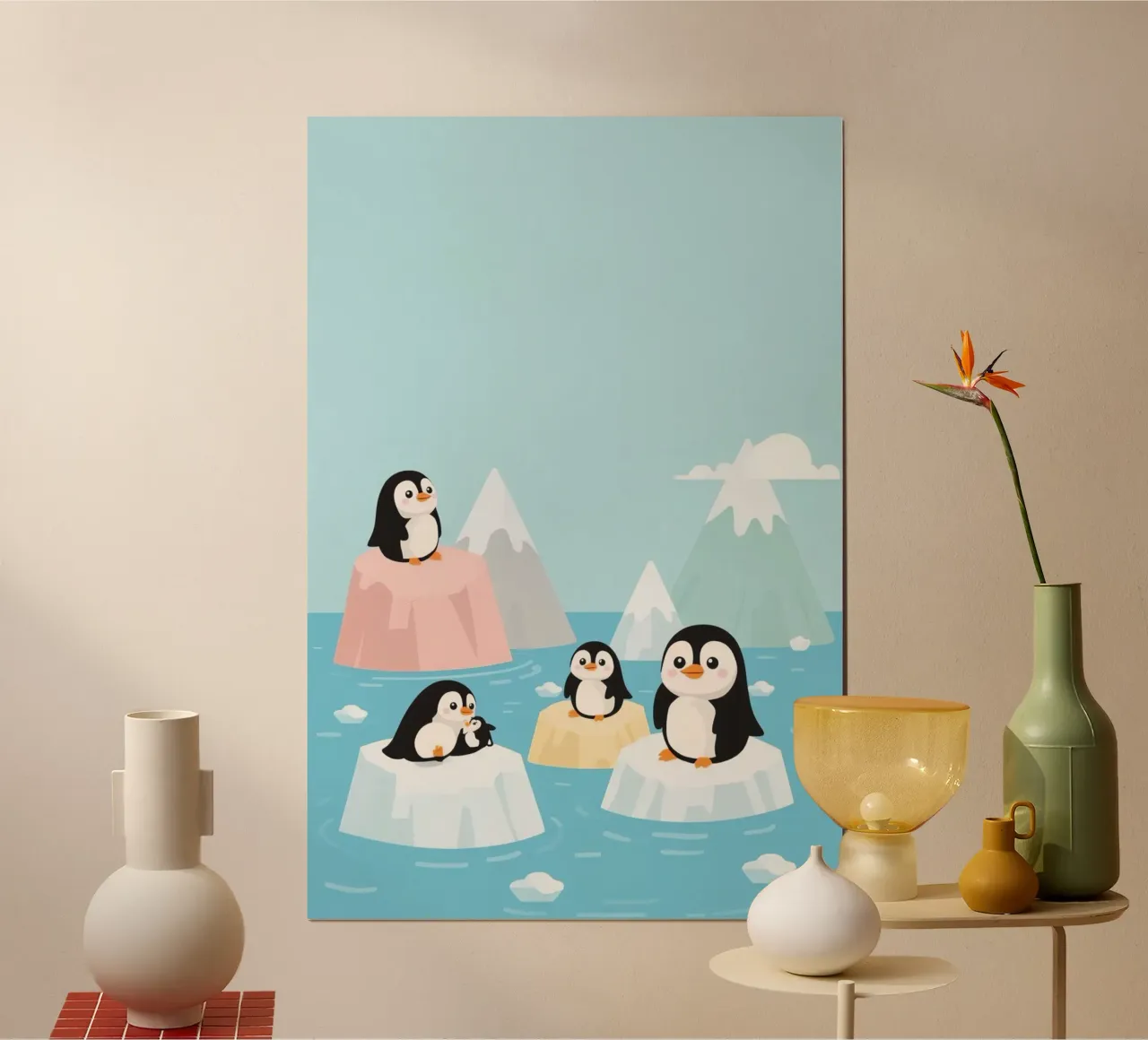 Niedliche Cartoon-Pinguine auf Eisschollen im Ozean Poster von DesignDoodle