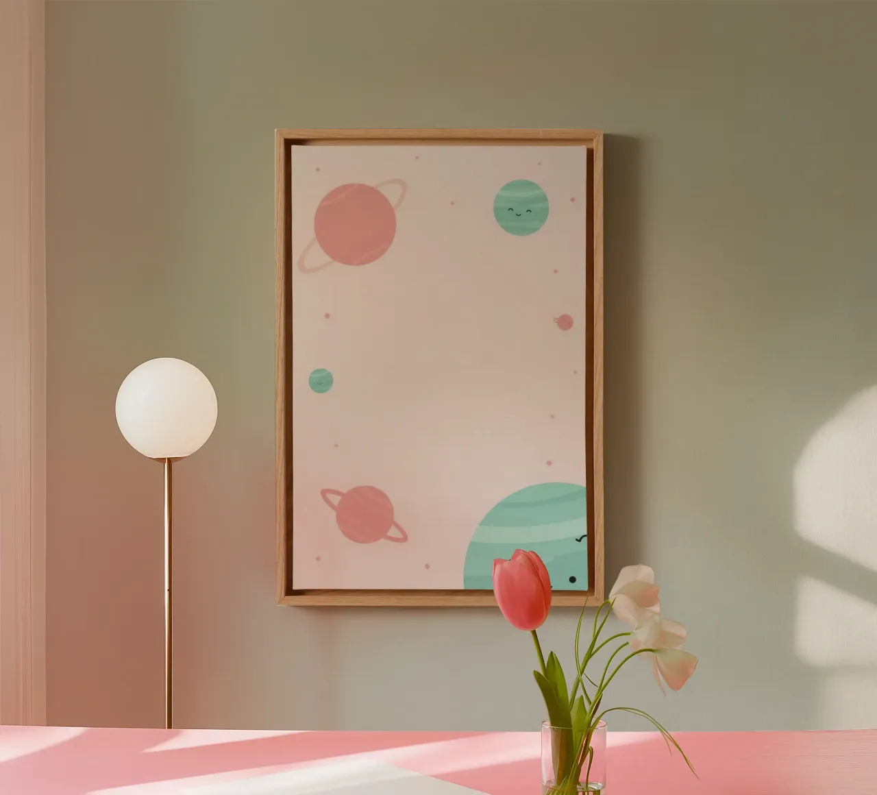Cute Cartoon Planets and Stars on Light Pink Background canvas with Floater frame by DesignDoodle