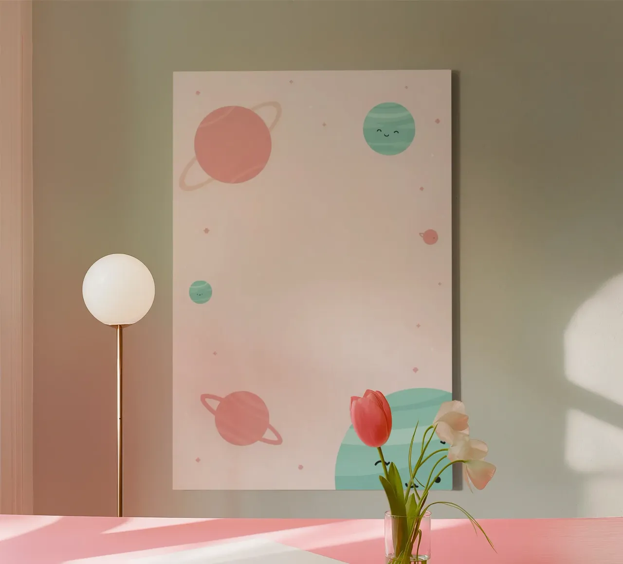 Cute Cartoon Planets and Stars on Light Pink Background canvas with Floater frame by DesignDoodle