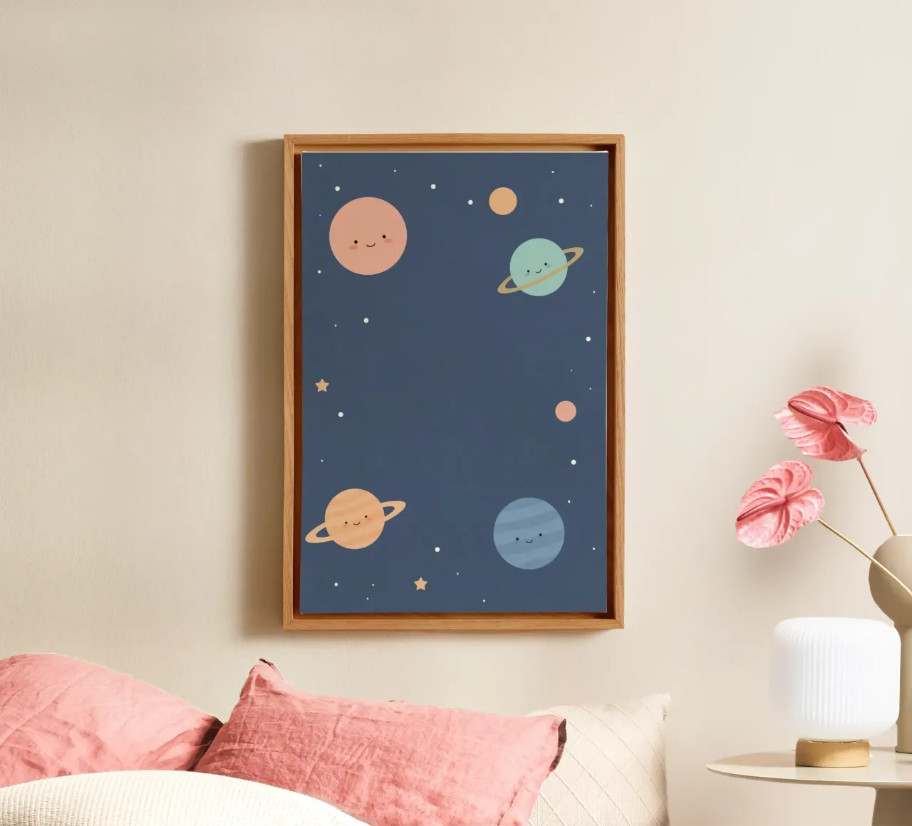 Cartoon planeten en sterren op donkerblauwe achtergrond canvas met Baklijst van DesignDoodle