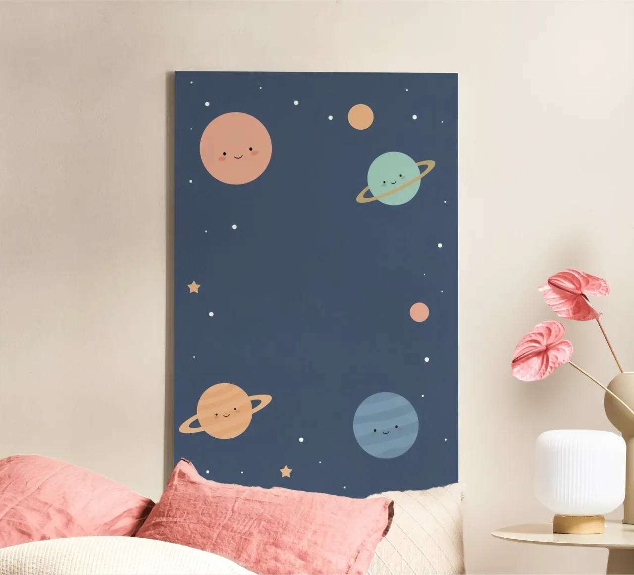 Cartoon planeten en sterren op donkerblauwe achtergrond canvas met Baklijst van DesignDoodle