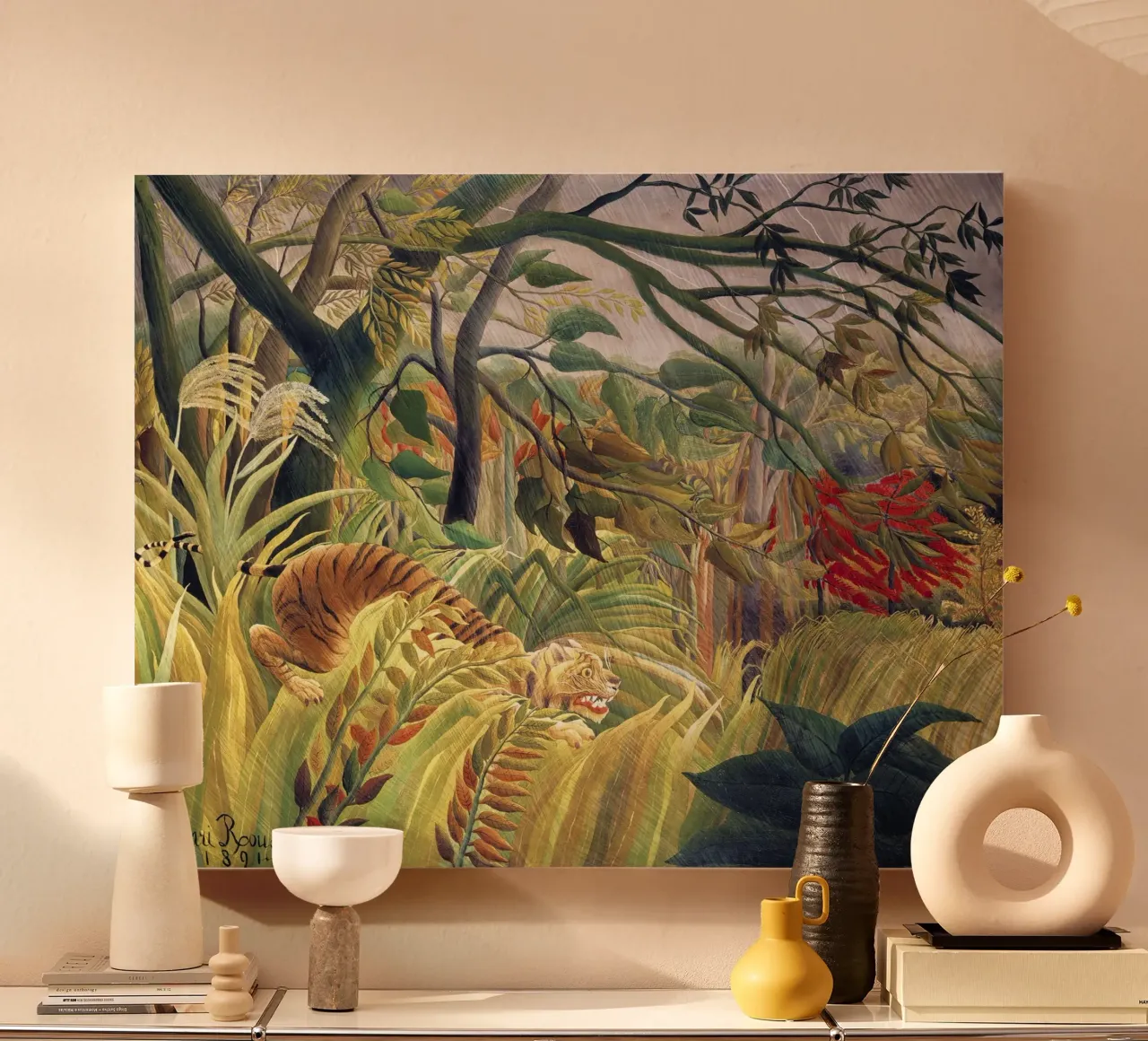 Tigre in una tempesta tropicale (1891) - Henri Rousseau tela con Cornice a cassetta da Classic Art Prints