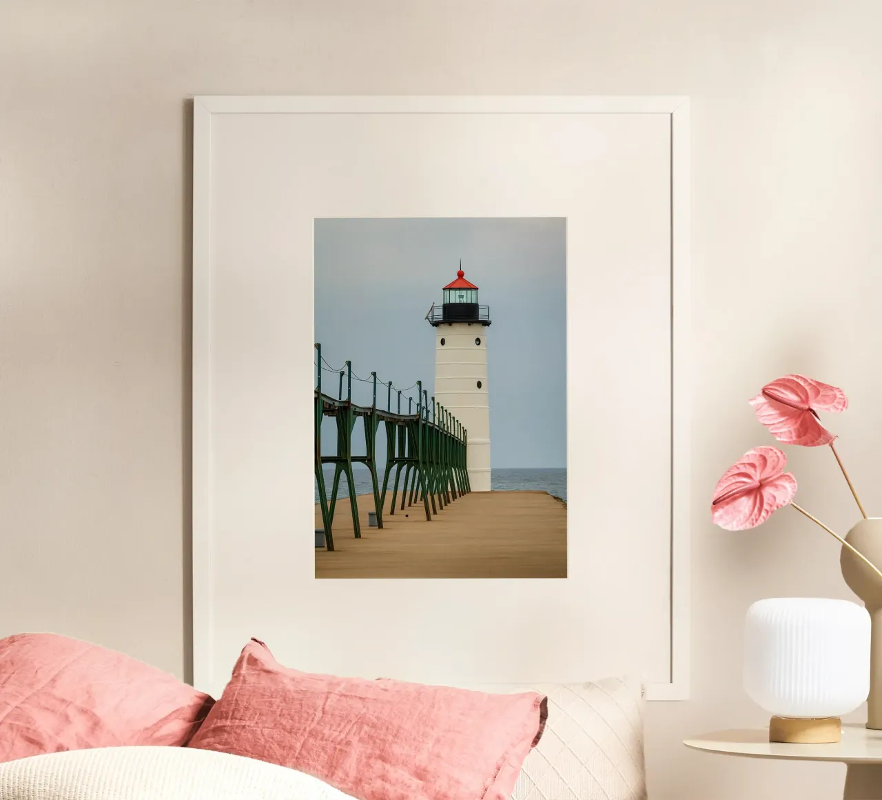 Faro Nautico Spiaggia natura panorama poster con telaio in legno da chinerei