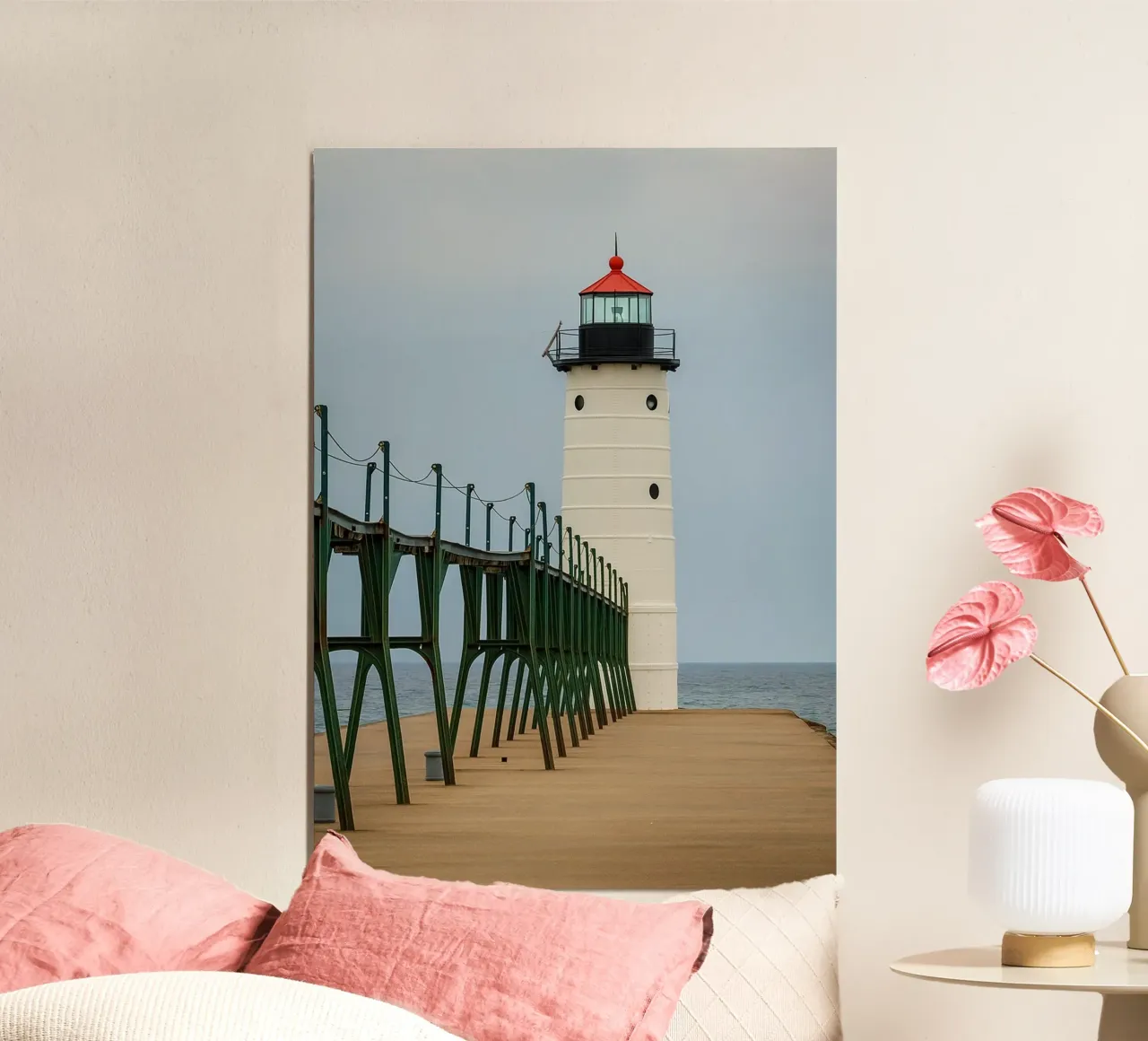 Faro Nautico Spiaggia natura panorama poster con telaio in legno da chinerei