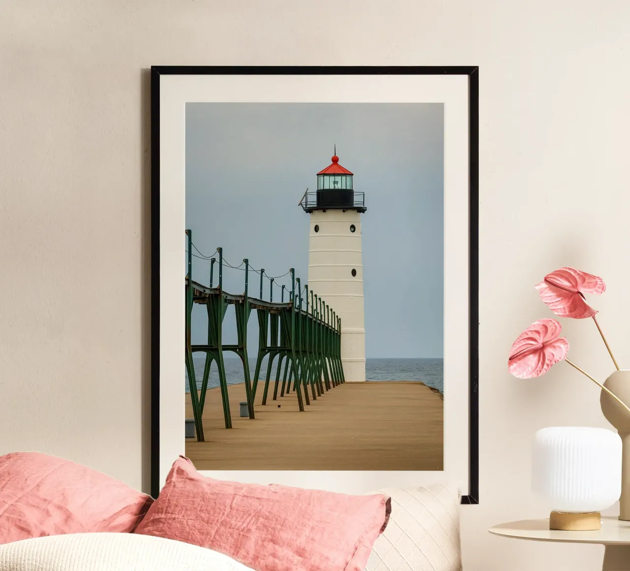 Faro Nautico Spiaggia natura panorama poster con telaio in legno da chinerei