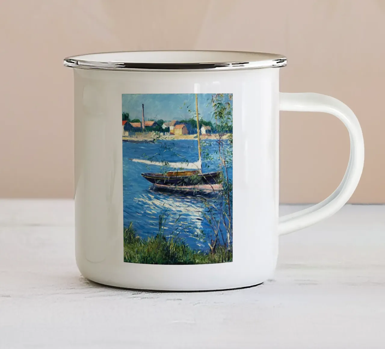 Barca ormeggiata sulla Senna ad Argenteuil Claude Monet tazza in smalto da Jolie Prints
