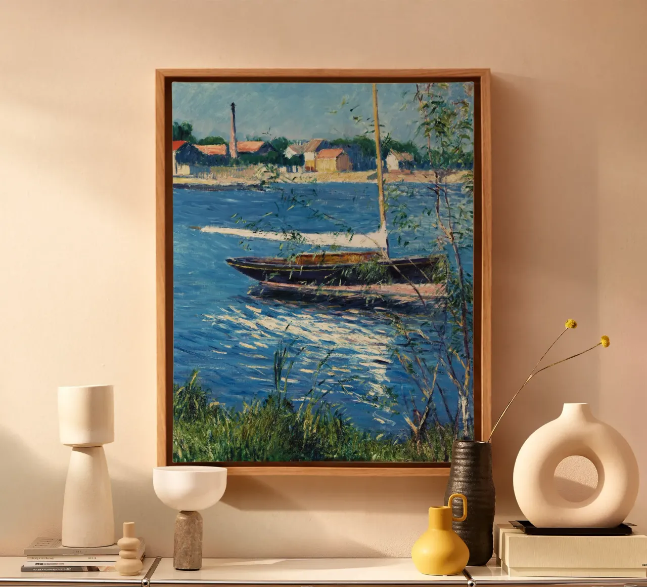 Boat Moored on the Seine at Argenteuil Claude Monet canvas with Floater frame by Jolie Prints