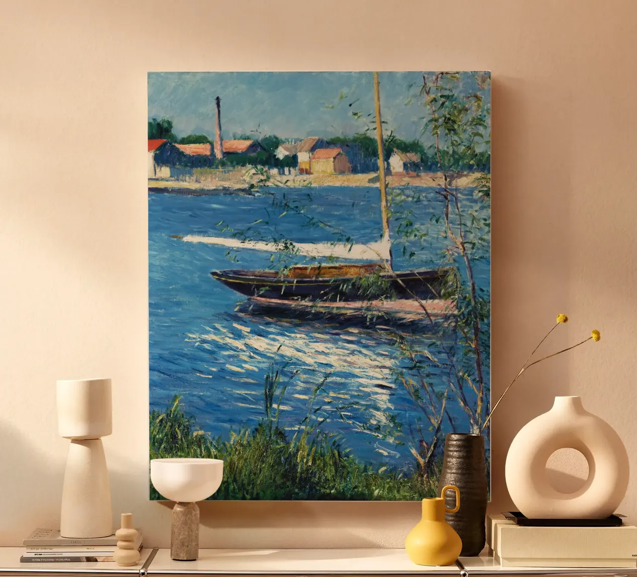 Boat Moored on the Seine at Argenteuil Claude Monet canvas with Floater frame by Jolie Prints