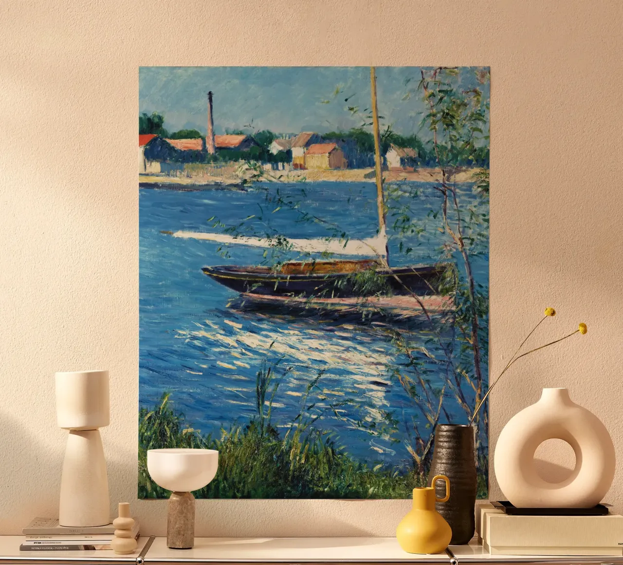 Auf der Seine bei Argenteuil vertäutes Boot Claude Monet Poster mit Holzrahmen von Jolie Prints