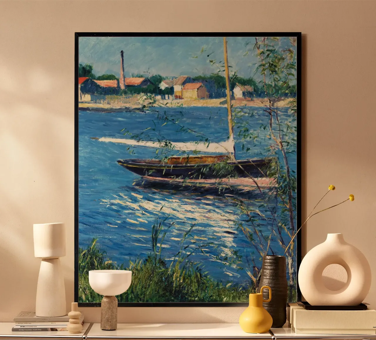 Auf der Seine bei Argenteuil vertäutes Boot Claude Monet Poster mit Holzrahmen von Jolie Prints