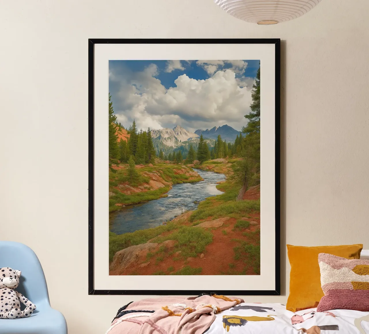 panorama della natura con vista sulle montagne e sul fiume poster con telaio in plastica da chinerei