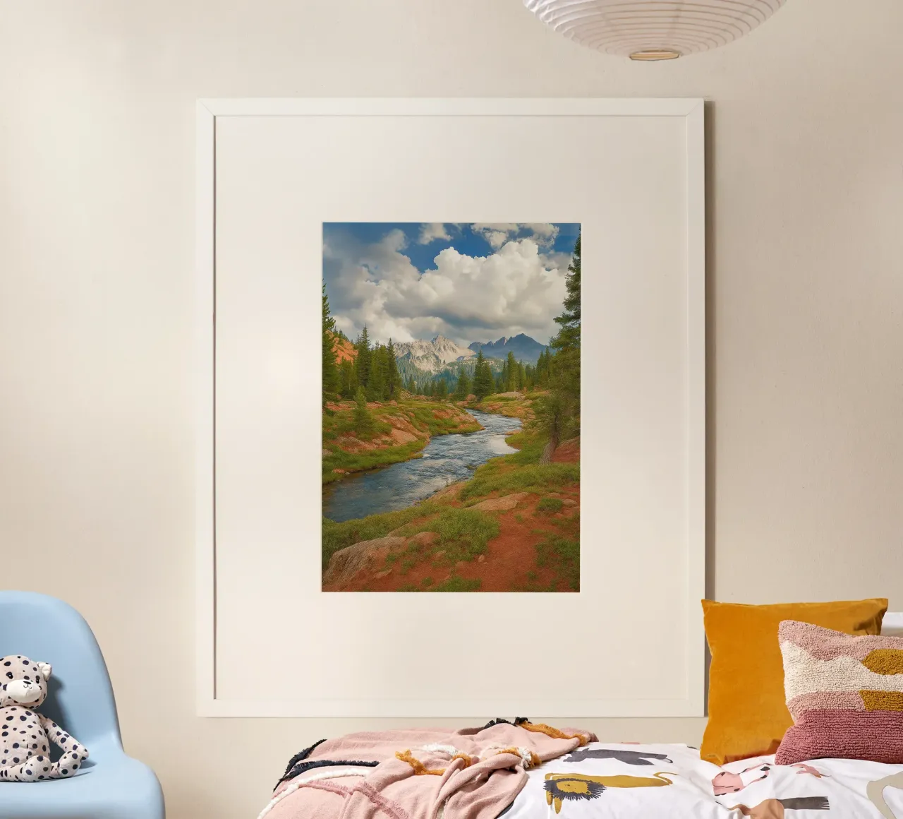 panorama della natura con vista sulle montagne e sul fiume poster con telaio in plastica da chinerei