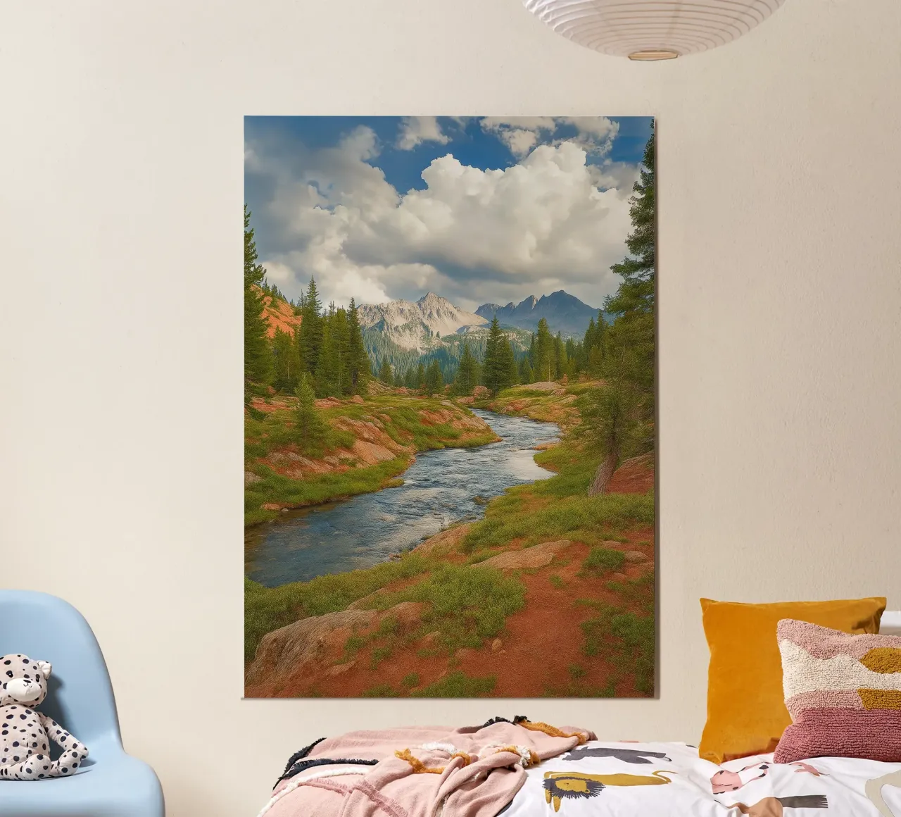 panorama della natura con vista sulle montagne e sul fiume poster con telaio in plastica da chinerei