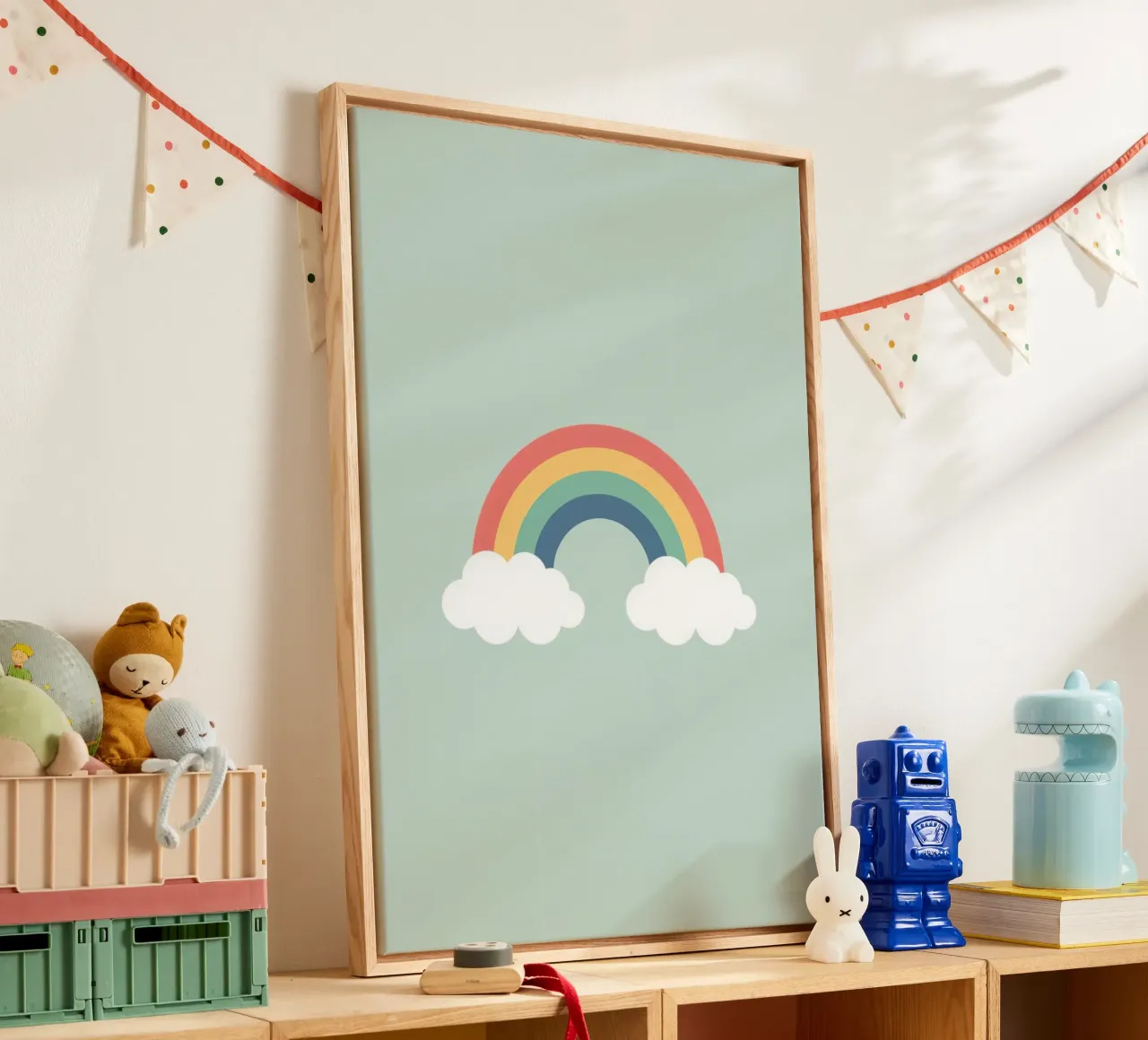 Cute Cartoon Rainbow with Clouds on Light Green Background canvas with Floater frame by DesignDoodle