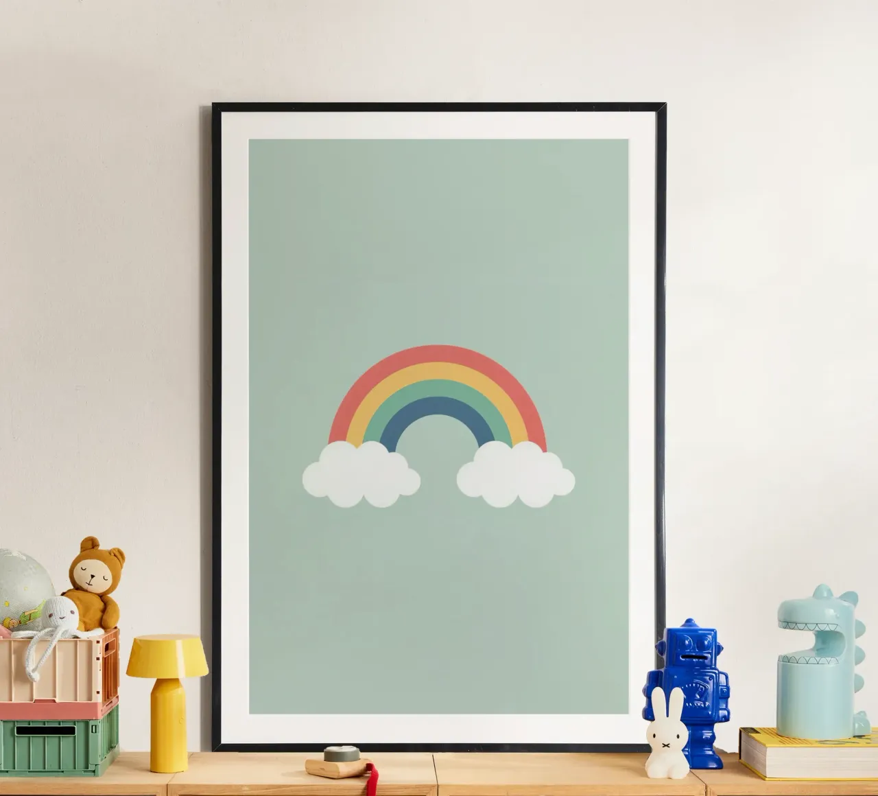 Carino arcobaleno cartone animato con le nuvole su sfondo verde chiaro poster con telaio in alluminio da DesignDoodle
