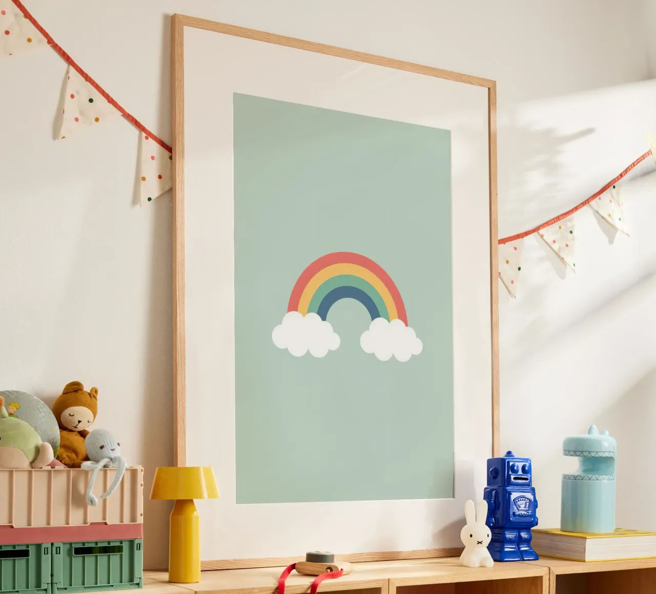 Carino arcobaleno cartone animato con le nuvole su sfondo verde chiaro poster con telaio in alluminio da DesignDoodle