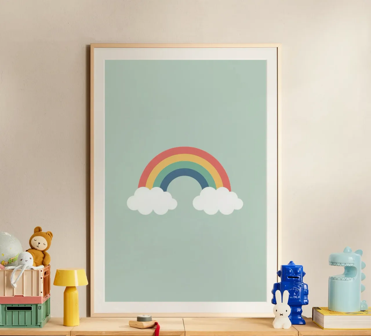 Carino arcobaleno cartone animato con le nuvole su sfondo verde chiaro poster con telaio in alluminio da DesignDoodle