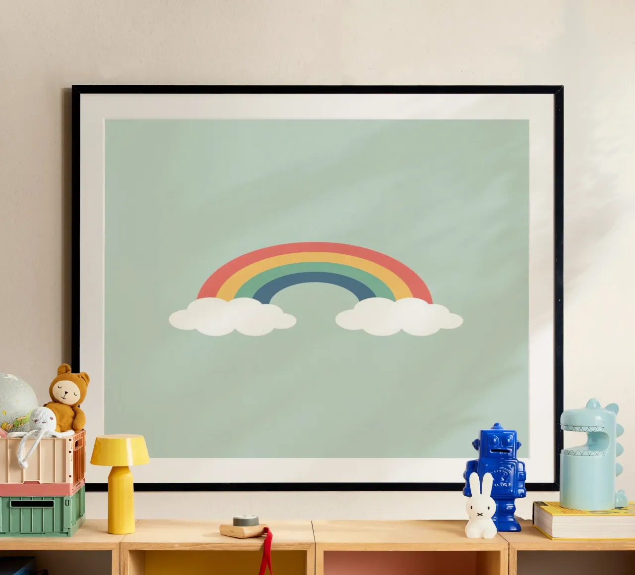 Carino arcobaleno cartone animato con le nuvole su sfondo verde chiaro poster con telaio in alluminio da DesignDoodle
