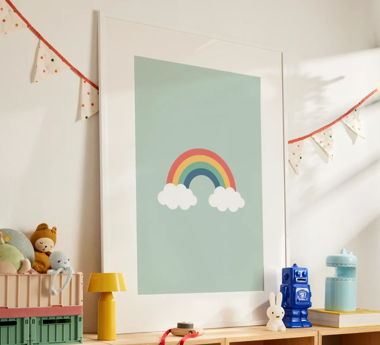 Carino arcobaleno cartone animato con le nuvole su sfondo verde chiaro poster con telaio in alluminio da DesignDoodle