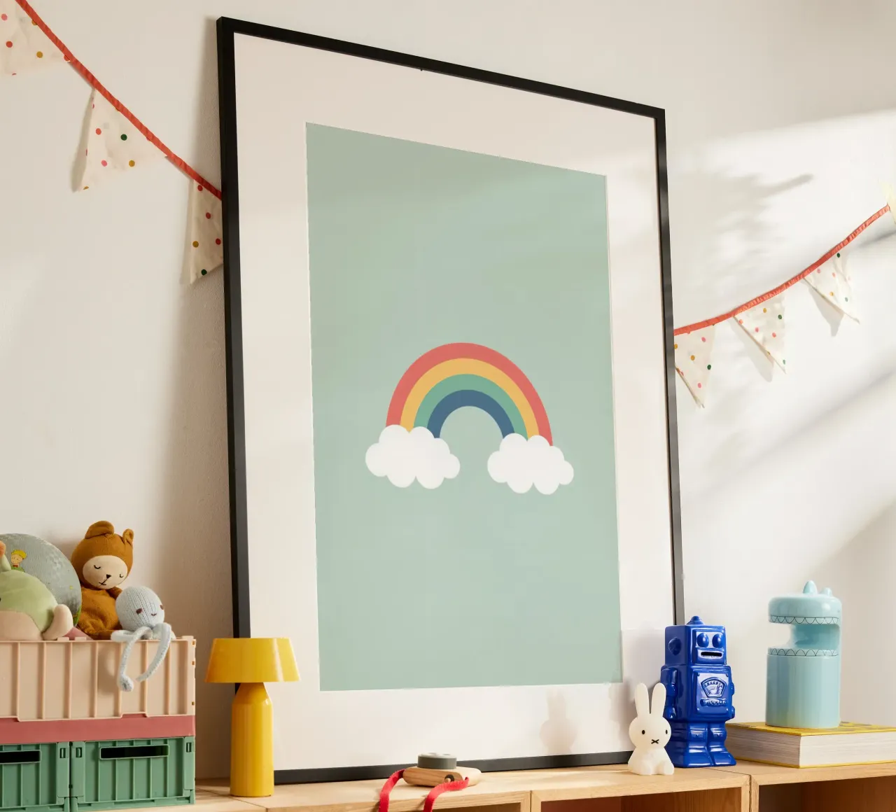 Carino arcobaleno cartone animato con le nuvole su sfondo verde chiaro poster con telaio in alluminio da DesignDoodle
