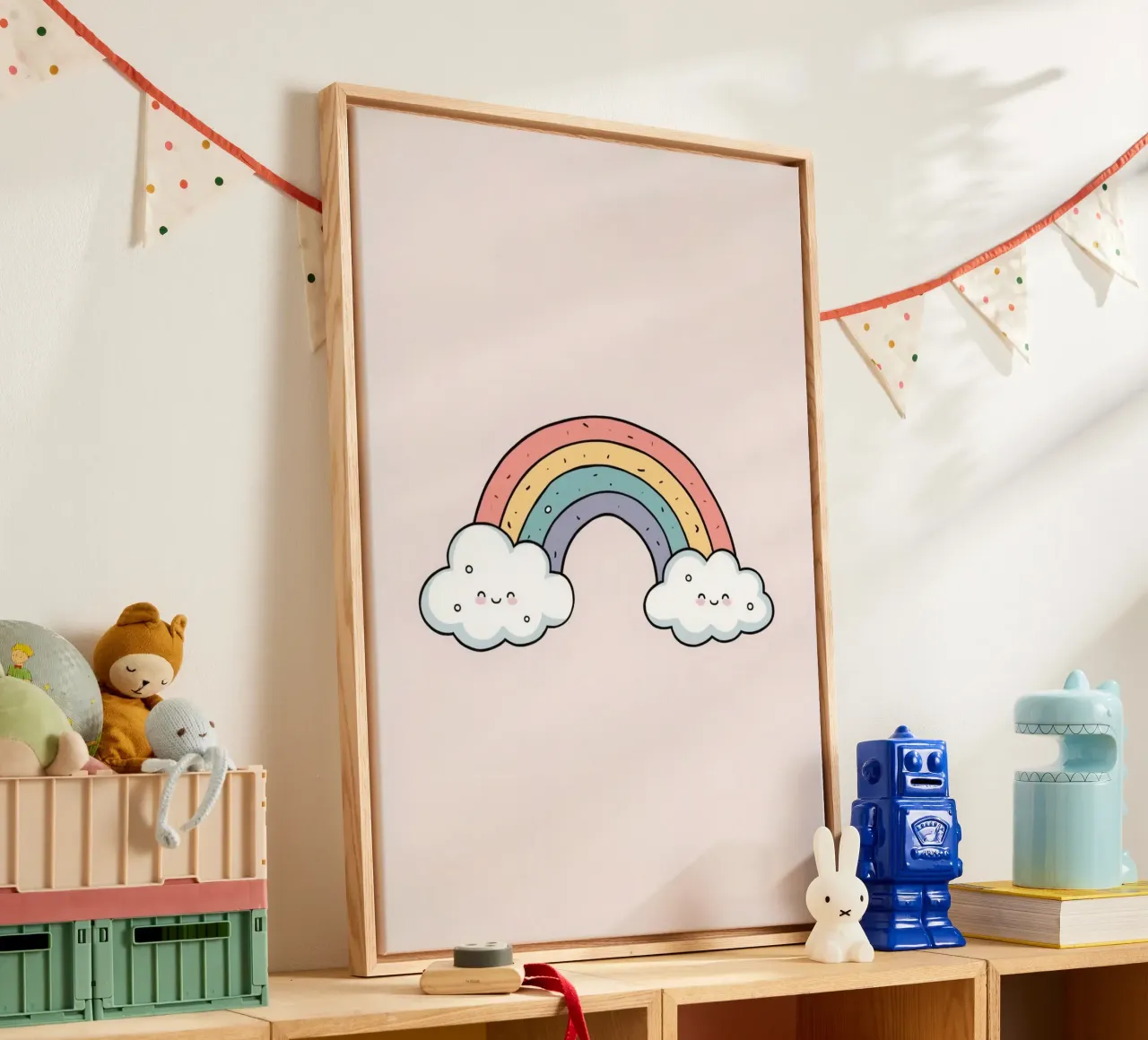 Netter Cartoon Regenbogen mit glücklichen Wolken auf rosa Hintergrund Leinwand mit Schattenfugenrahmen von DesignDoodle