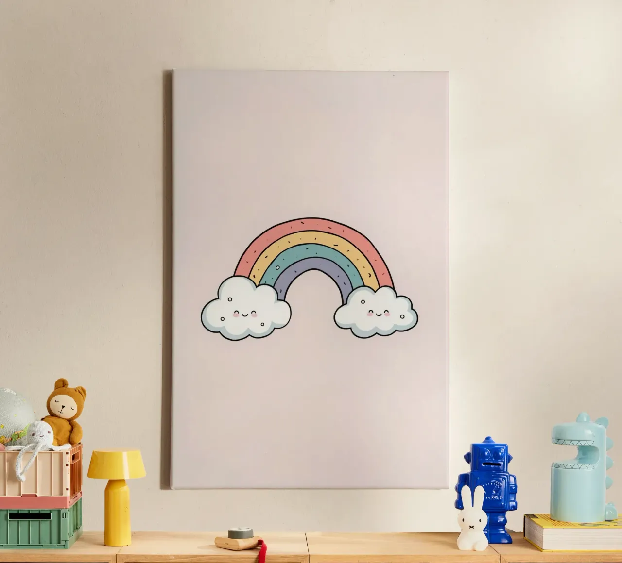 Netter Cartoon Regenbogen mit glücklichen Wolken auf rosa Hintergrund Leinwand mit Schattenfugenrahmen von DesignDoodle