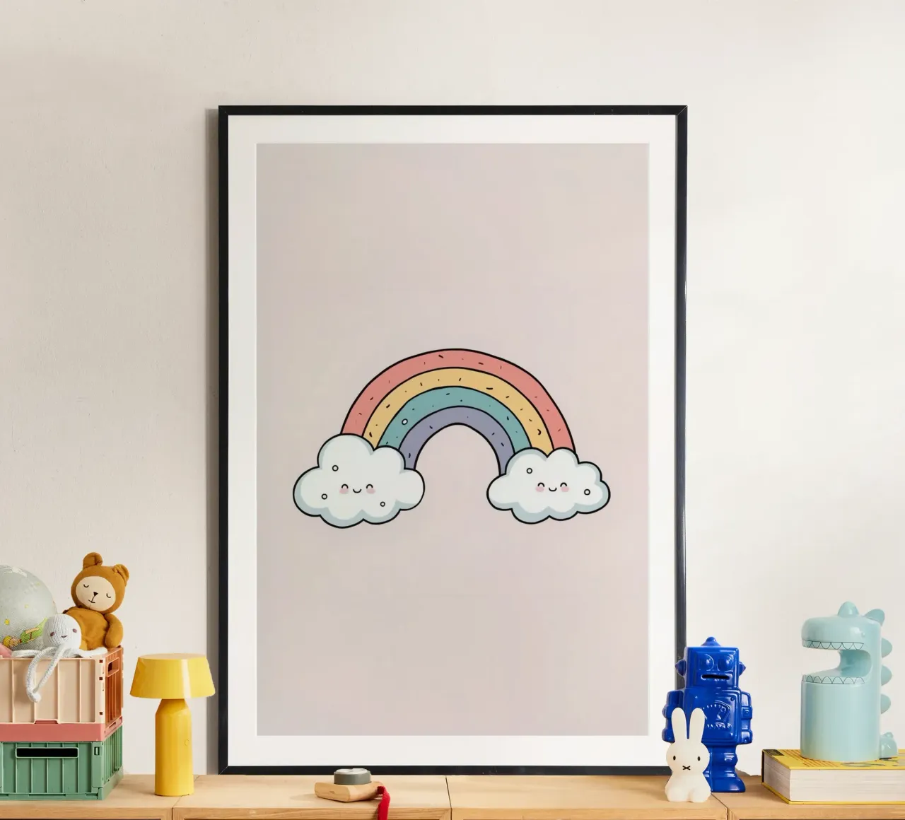 Netter Cartoon Regenbogen mit glücklichen Wolken auf rosa Hintergrund Poster von DesignDoodle