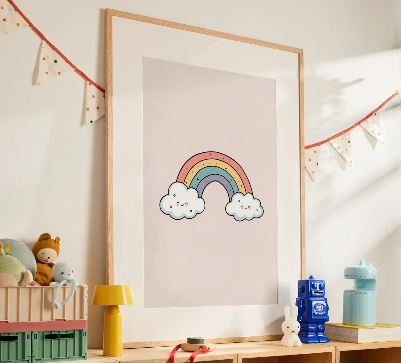 Cute Cartoon Rainbow with Happy Clouds on Pink Background poster by DesignDoodle