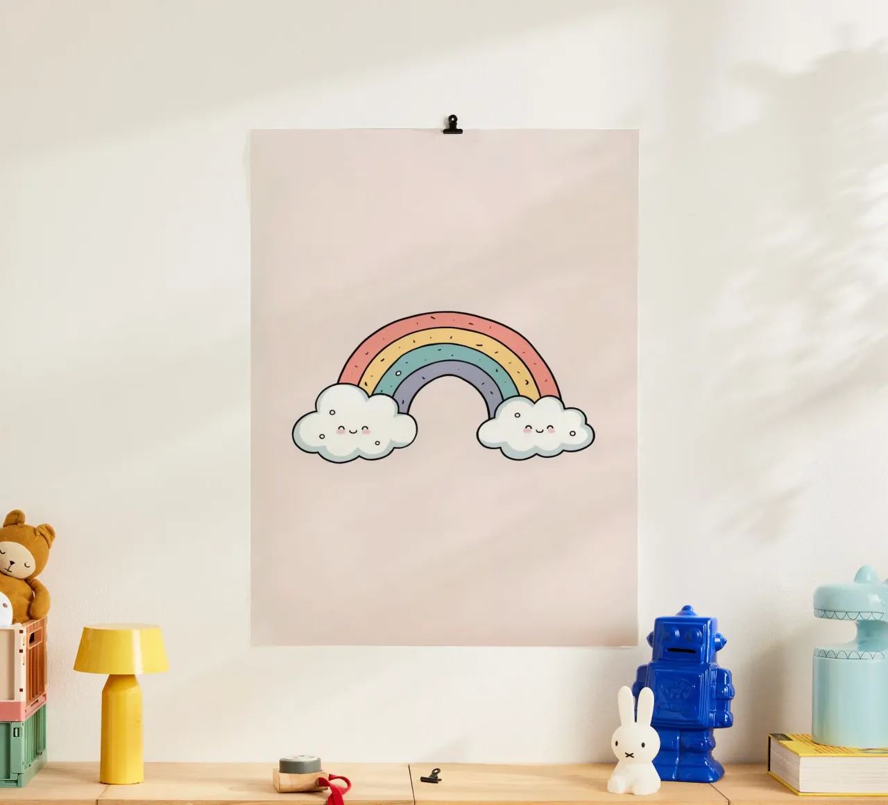 Netter Cartoon Regenbogen mit glücklichen Wolken auf rosa Hintergrund Poster von DesignDoodle