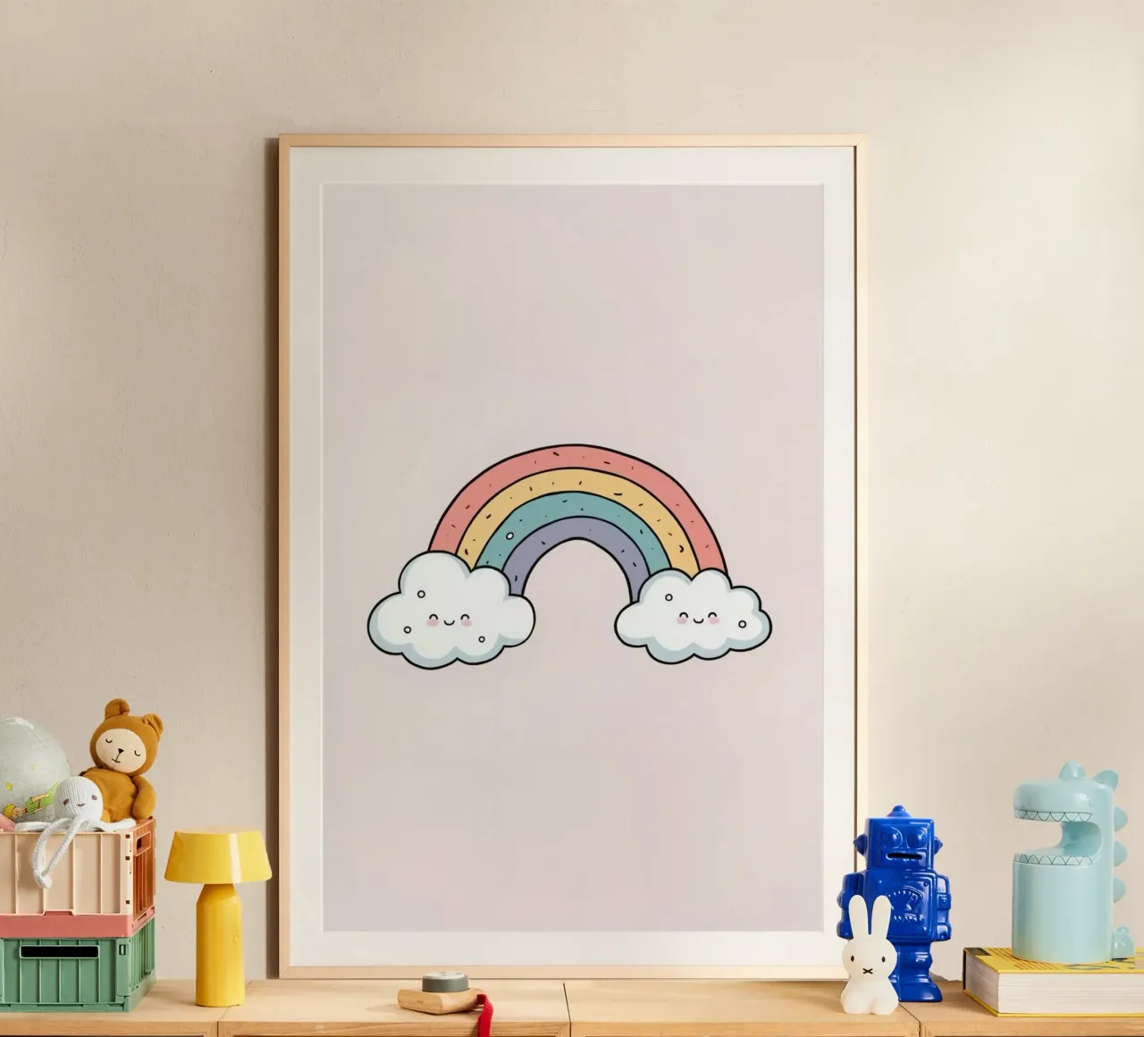 Netter Cartoon Regenbogen mit glücklichen Wolken auf rosa Hintergrund Poster von DesignDoodle