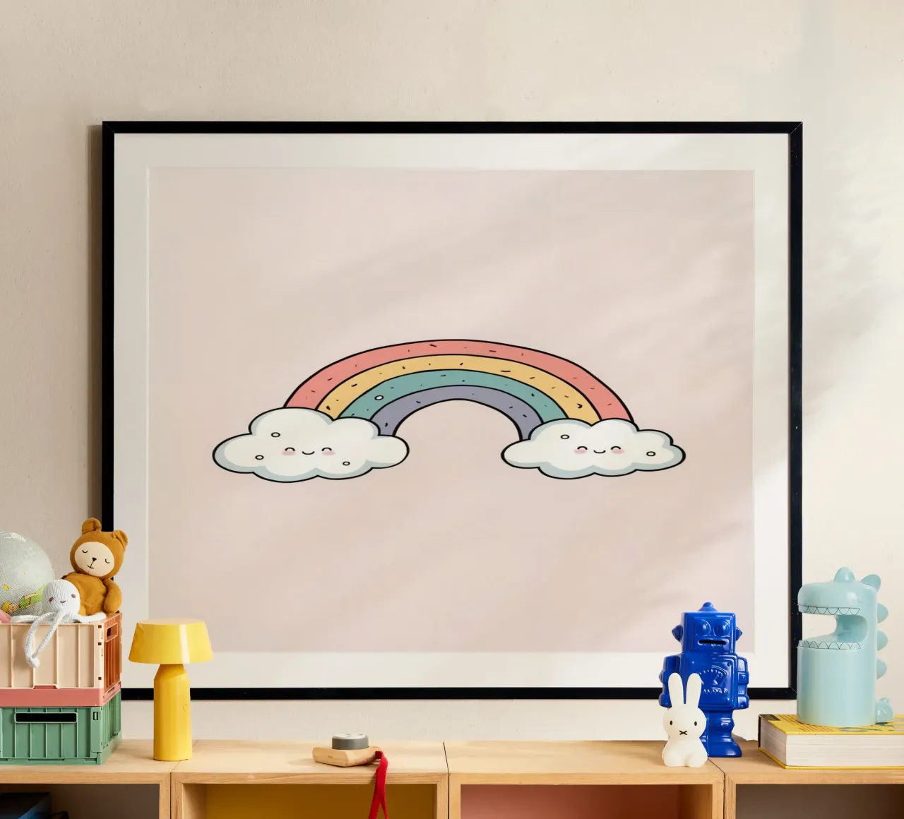 Netter Cartoon Regenbogen mit glücklichen Wolken auf rosa Hintergrund Poster von DesignDoodle