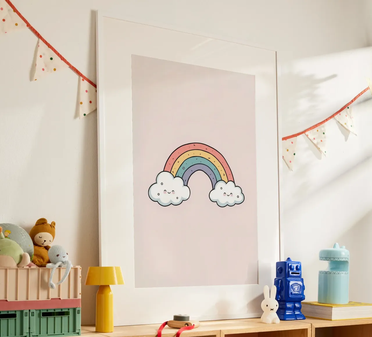 Netter Cartoon Regenbogen mit glücklichen Wolken auf rosa Hintergrund Poster von DesignDoodle