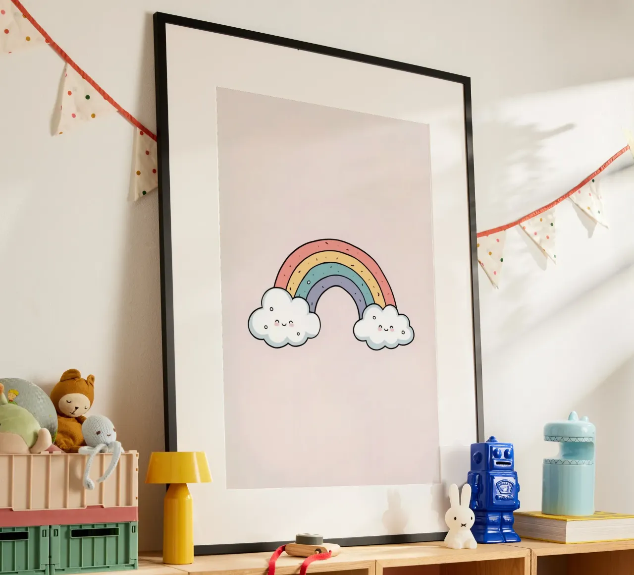 Netter Cartoon Regenbogen mit glücklichen Wolken auf rosa Hintergrund Poster von DesignDoodle