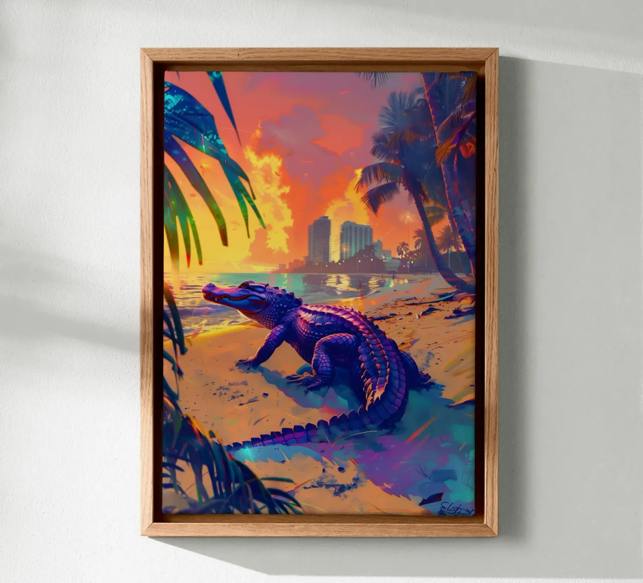 Alligator Miami Beach mystical fantasy art canvas with Floater frame by WILD ART