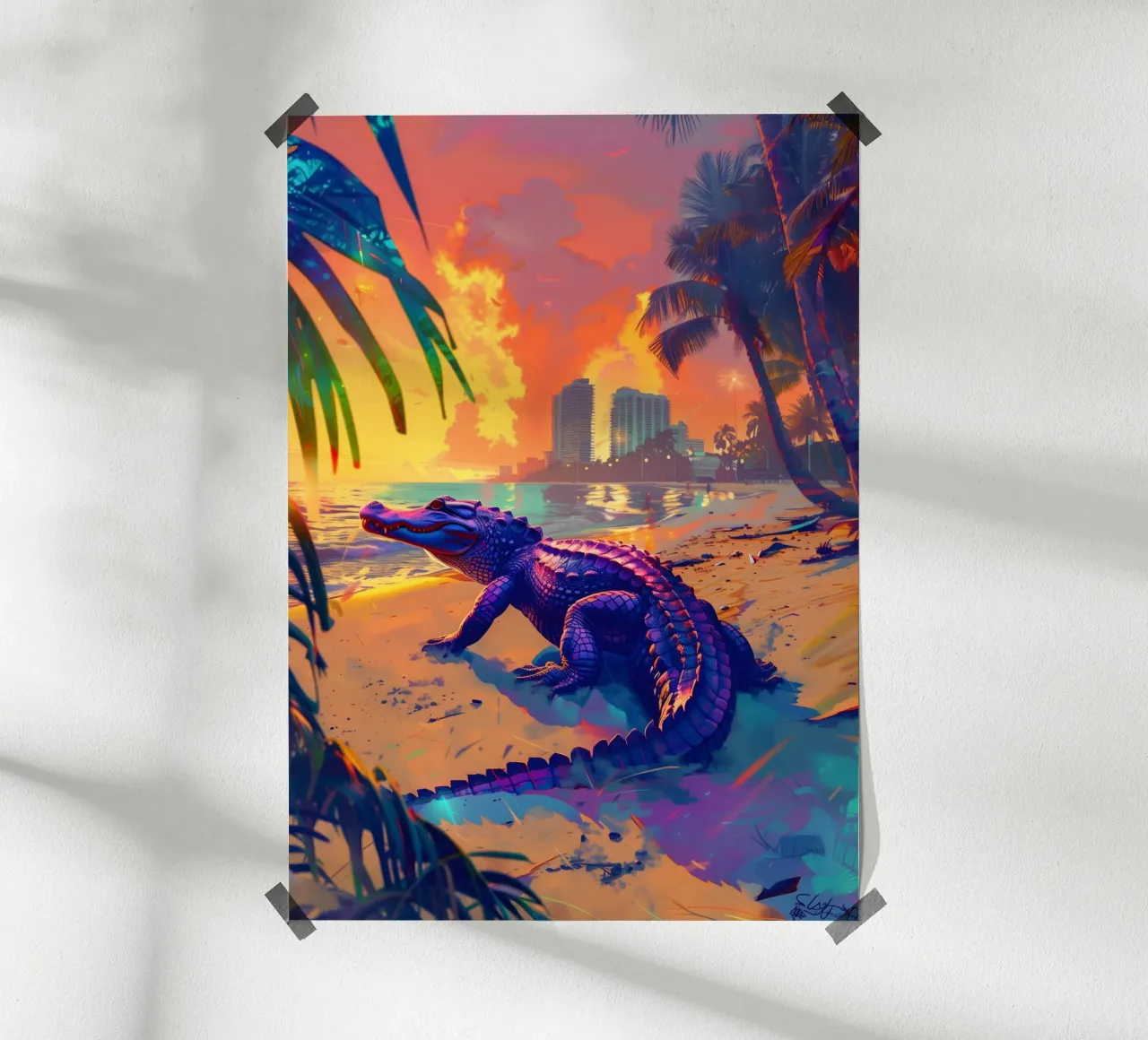Alligatore Miami Beach arte mistica e fantasy poster con telaio in legno da WILD ART