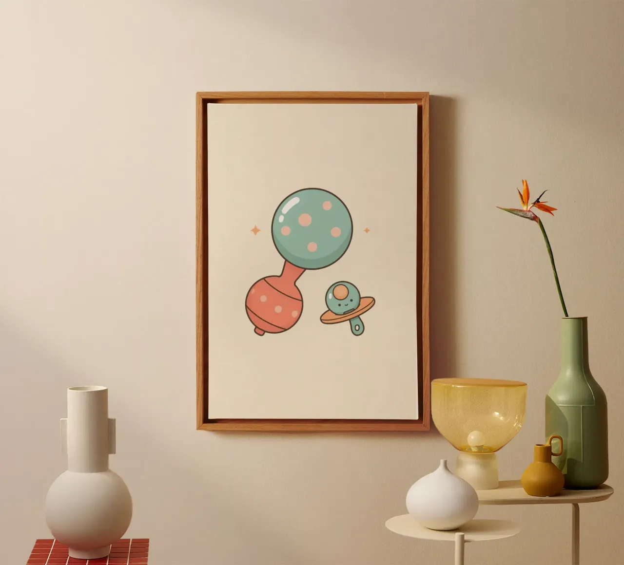 Carino il sonaglio e il ciuccio dei cartoni animati della nursery tela con Cornice a cassetta da DesignDoodle
