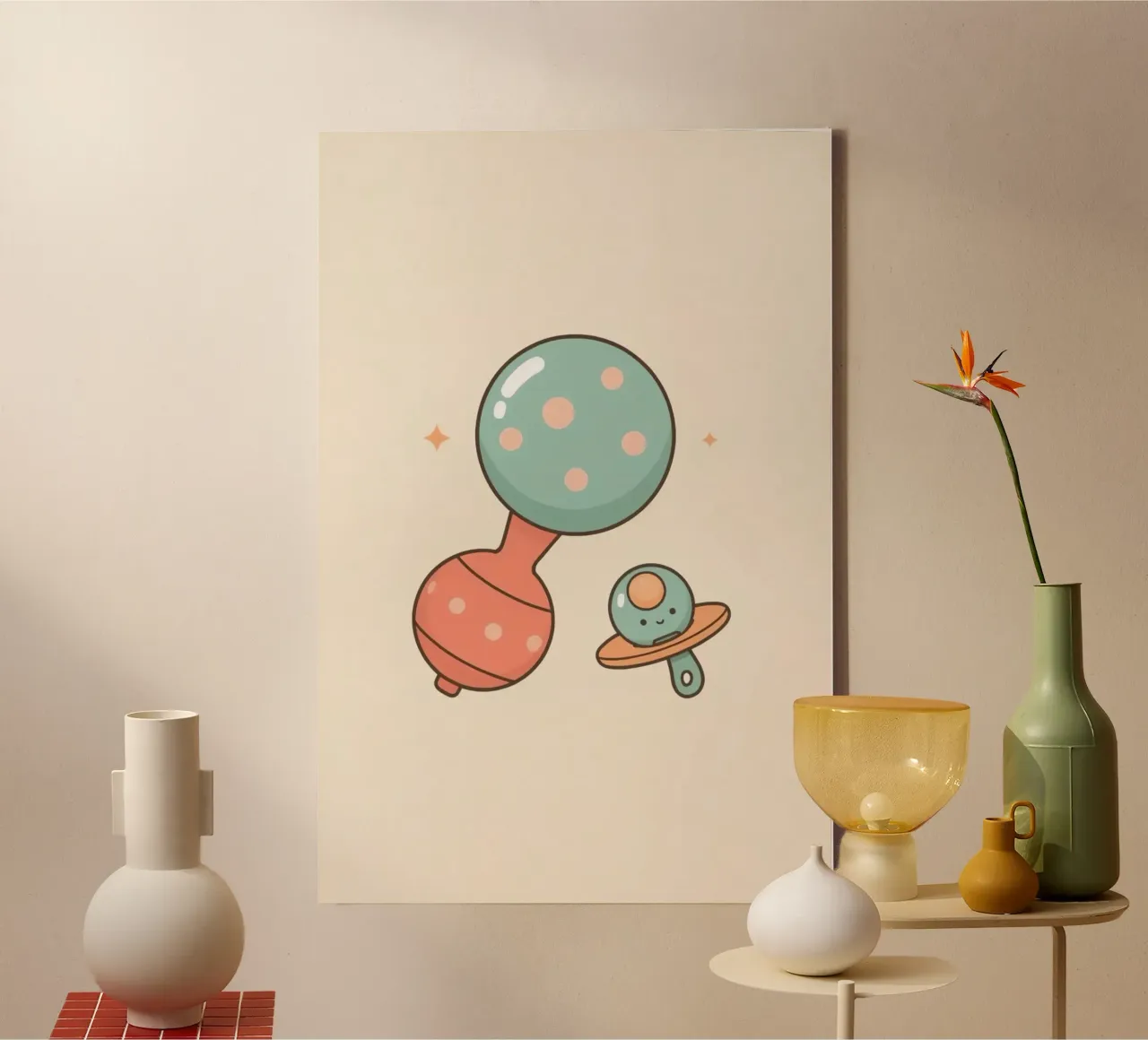 Carino il sonaglio e il ciuccio dei cartoni animati della nursery tela con Cornice a cassetta da DesignDoodle