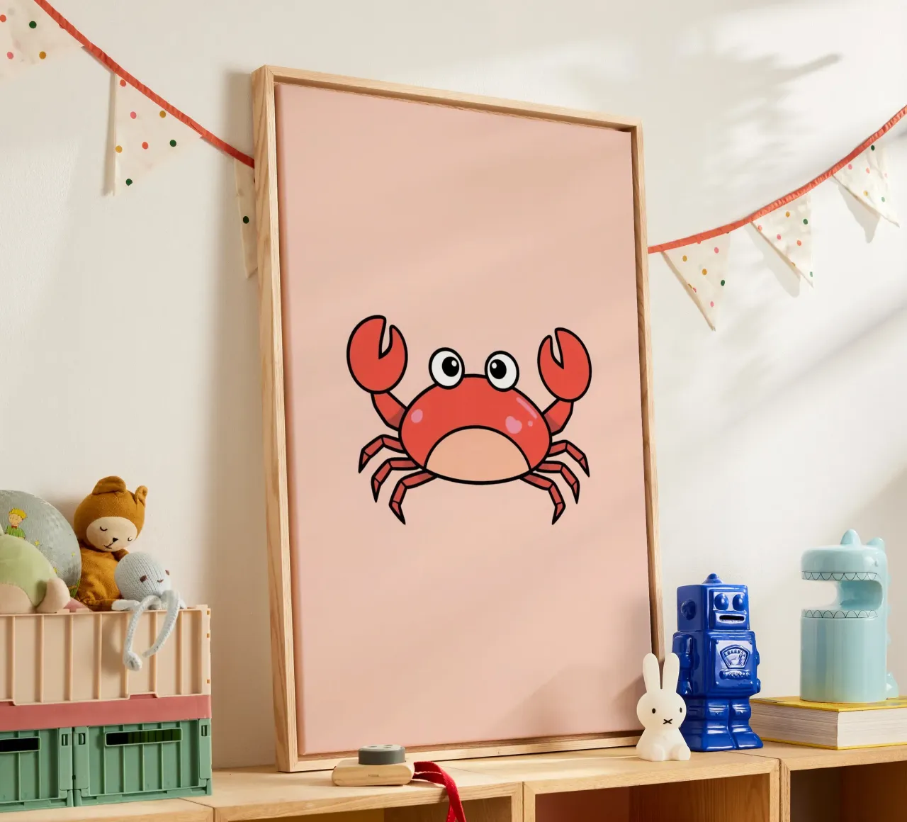 Nette glückliche Cartoon rote Krabbe auf Pfirsich Hintergrund Leinwand mit Schattenfugenrahmen von DesignDoodle
