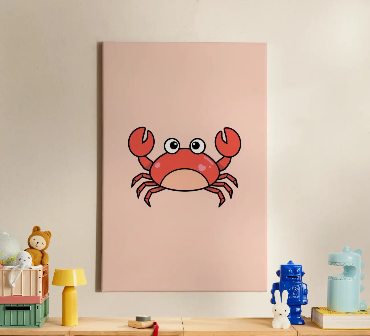 Nette glückliche Cartoon rote Krabbe auf Pfirsich Hintergrund Leinwand mit Schattenfugenrahmen von DesignDoodle