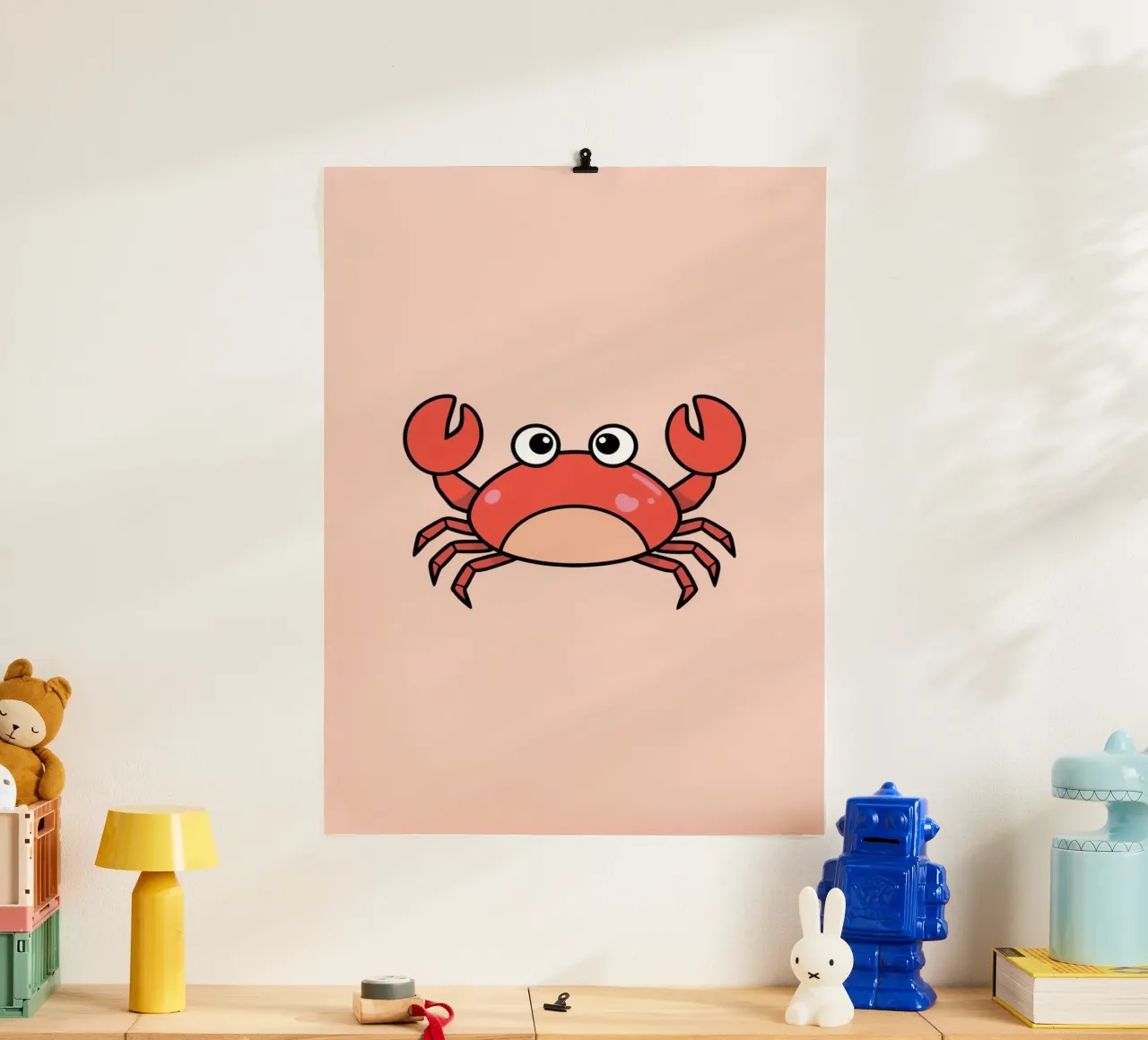 Cute Happy Cartoon Red Crab on Peach Background poster by DesignDoodle