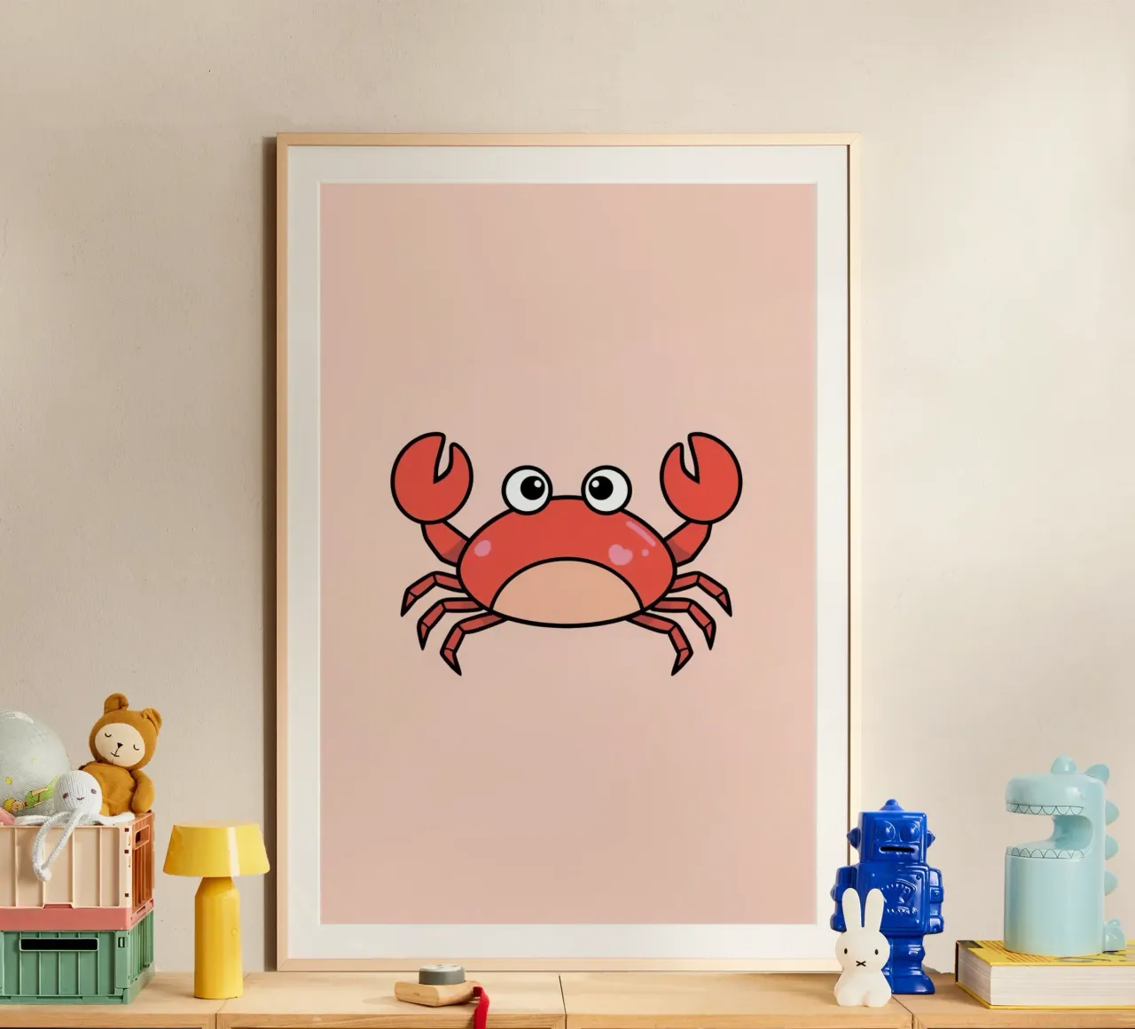 Cute Happy Cartoon Red Crab on Peach Background poster by DesignDoodle