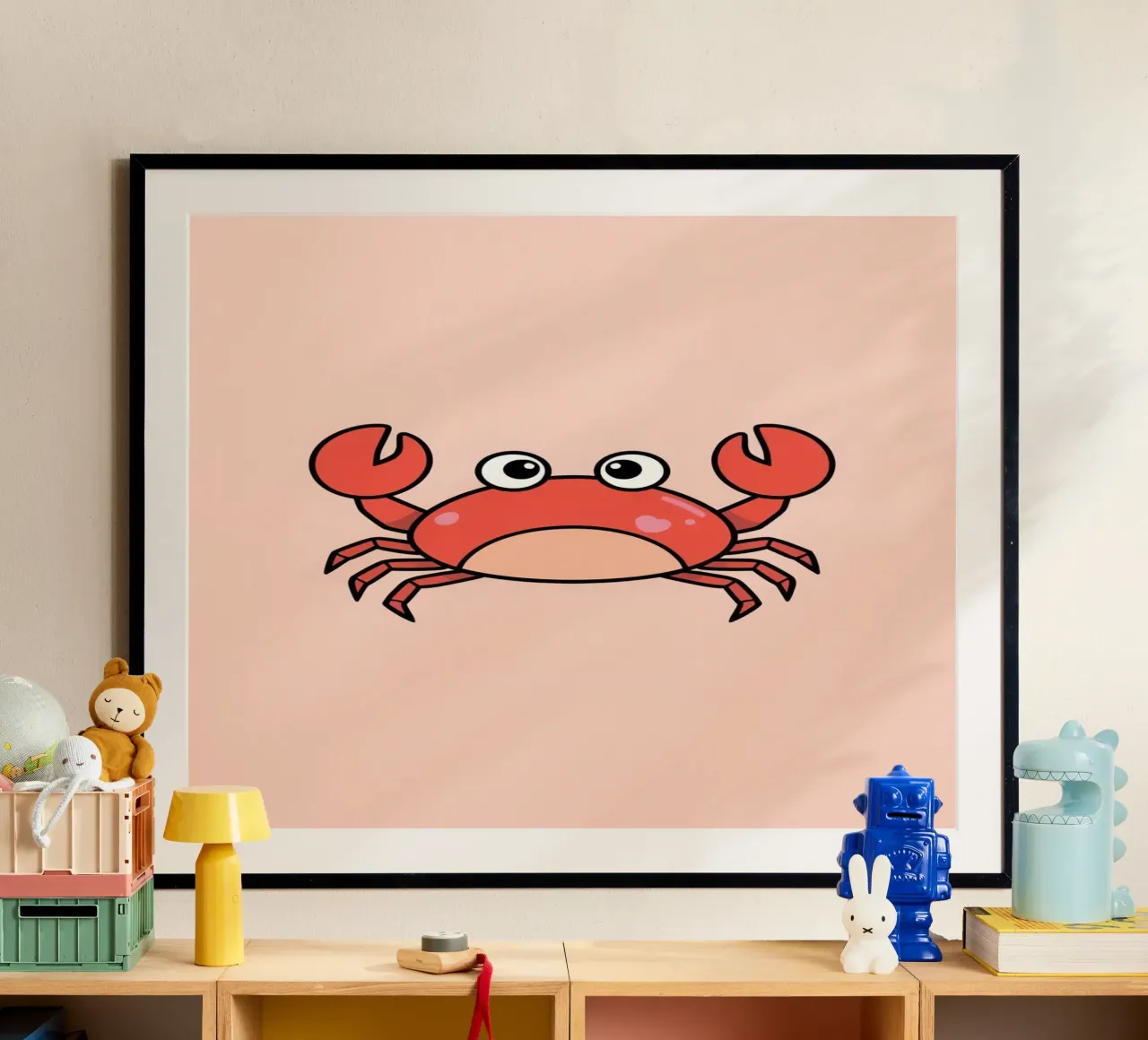 Cute Happy Cartoon Red Crab on Peach Background poster by DesignDoodle