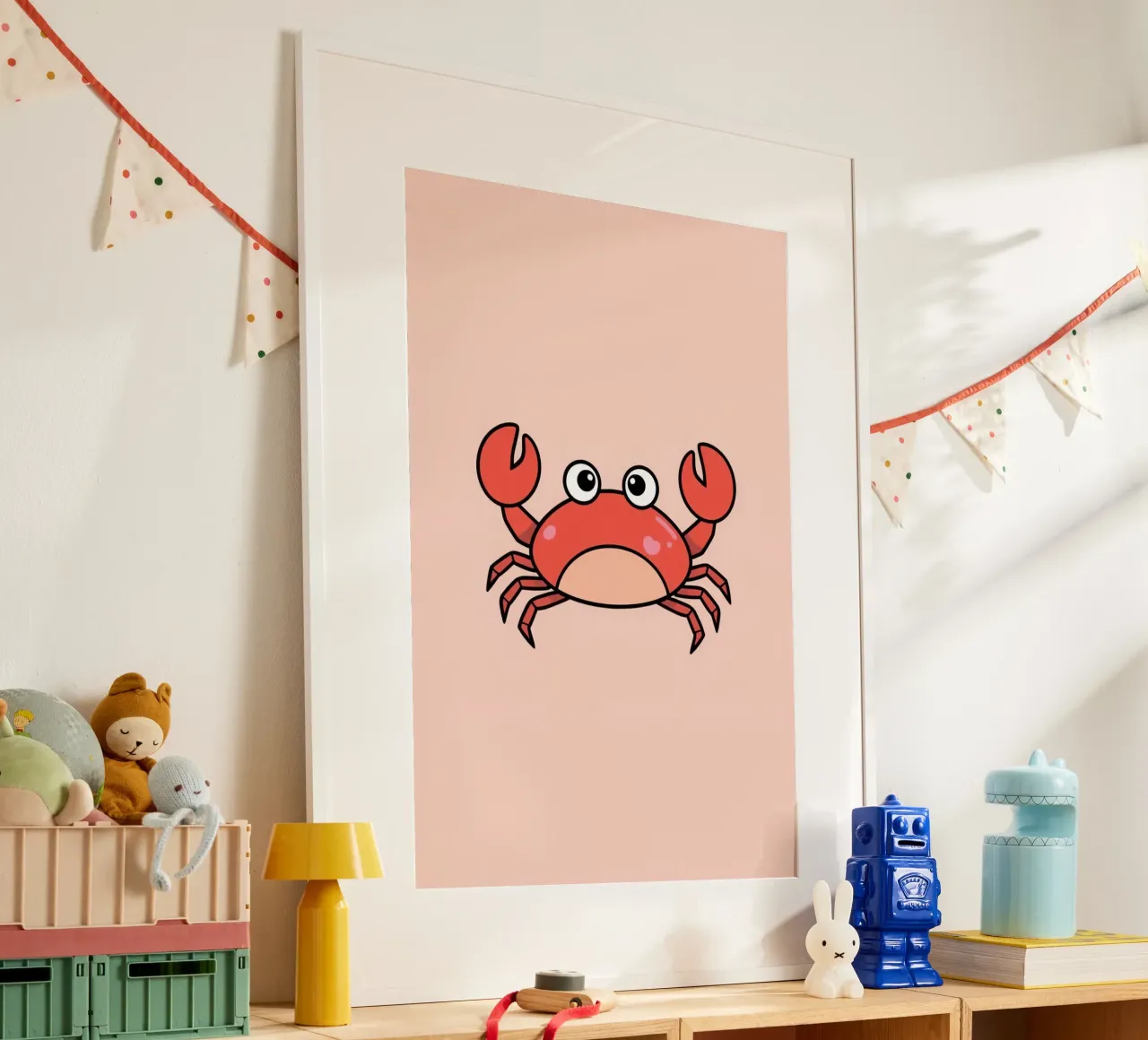 Cute Happy Cartoon Red Crab on Peach Background poster by DesignDoodle