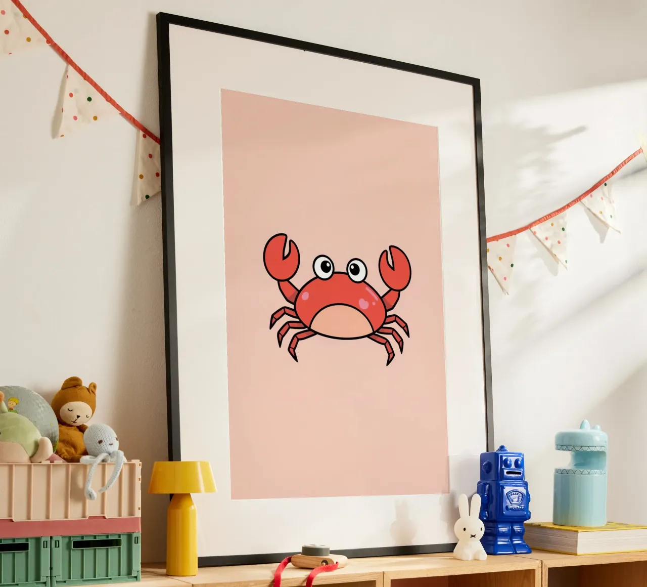 Cute Happy Cartoon Red Crab on Peach Background poster by DesignDoodle